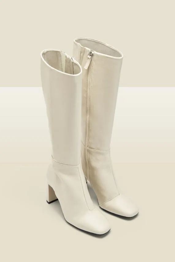 Sosandar Bailey Cream Leather Knee High Heeled Boot Cream Women Boots