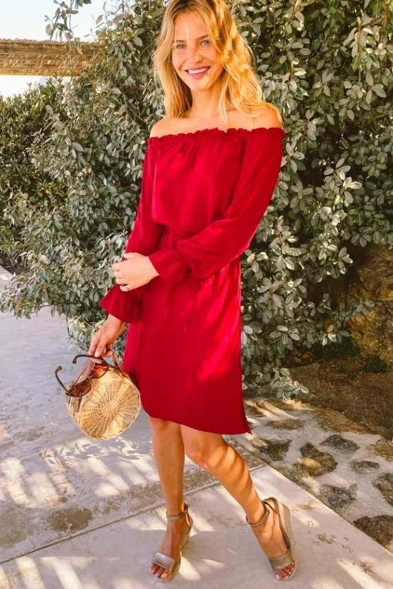 Sosandar Berry Bardot Blouson Sleeve Tie Waist Dress Women Dresses