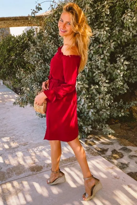Sosandar Berry Bardot Blouson Sleeve Tie Waist Dress Women Dresses