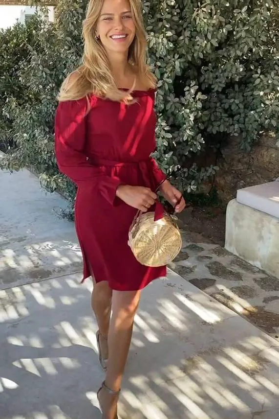 Sosandar Berry Bardot Blouson Sleeve Tie Waist Dress Women Dresses