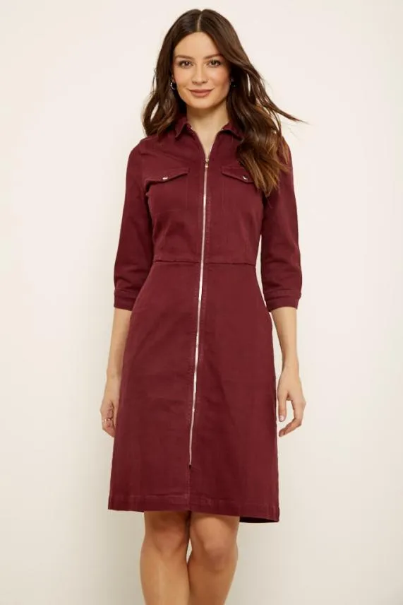 Sosandar Berry Red Zip Front Collared Denim Dress With Pockets Women Dresses