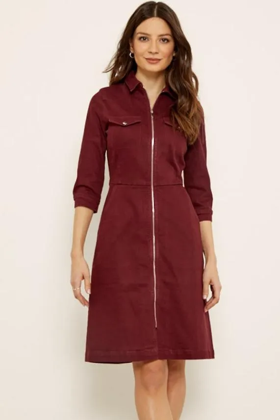 Sosandar Berry Red Zip Front Collared Denim Dress With Pockets Women Dresses