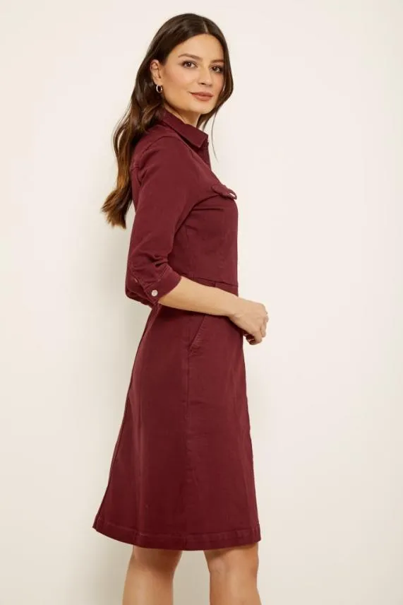 Sosandar Berry Red Zip Front Collared Denim Dress With Pockets Women Dresses