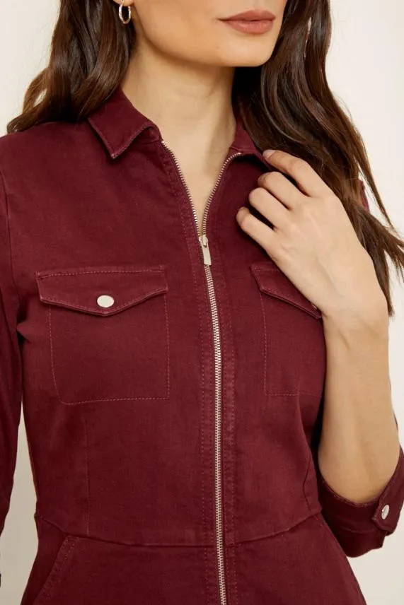 Sosandar Berry Red Zip Front Collared Denim Dress With Pockets Women Dresses