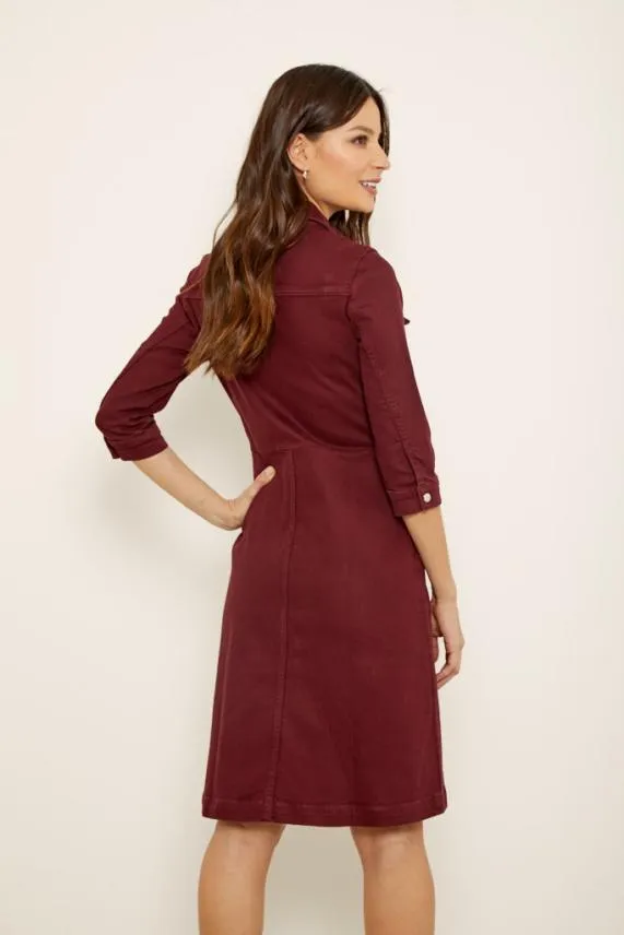 Sosandar Berry Red Zip Front Collared Denim Dress With Pockets Women Dresses