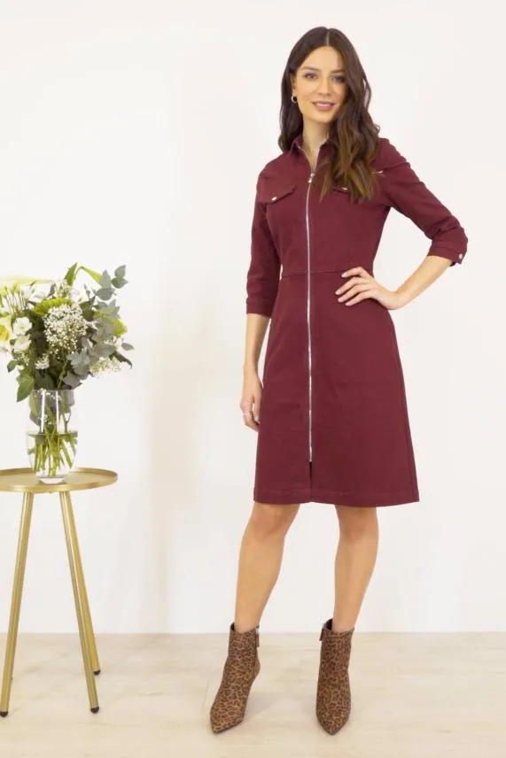 Sosandar Berry Red Zip Front Collared Denim Dress With Pockets Women Dresses