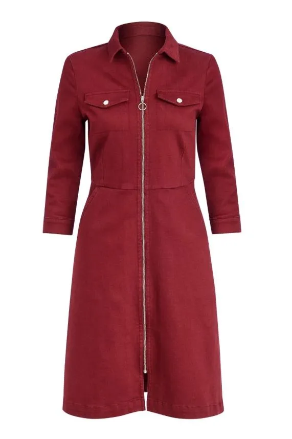 Sosandar Berry Red Zip Front Collared Denim Dress With Pockets Women Dresses