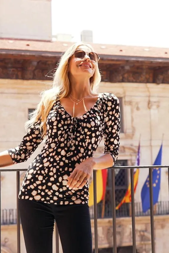 Sosandar Black Abstract Spot Print Ruched Front Top Black Women Tops