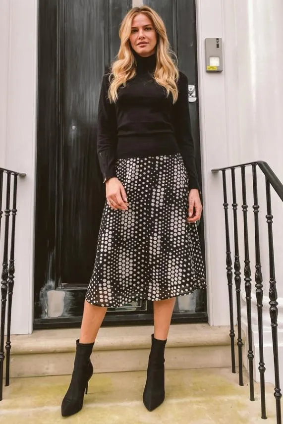 Sosandar Black and Cream Multi Spot Midi Skirt Black Cream Women Skirts
