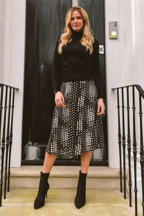 Sosandar Black and Cream Multi Spot Midi Skirt Black Cream Women Skirts