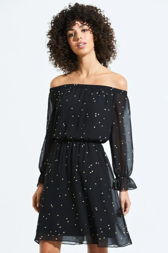 Sosandar Black and Gold Geometric Print Elastic Waist Bardot Dress Black Gold Women Dresses Sosandar Black and Gold Geometric Print Elastic Waist Bardot Dress Black Gold Women Dresses