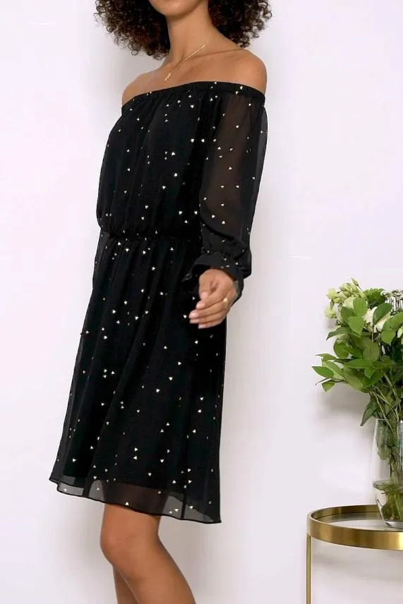 Sosandar Black and Gold Geometric Print Elastic Waist Bardot Dress Black Gold Women Dresses