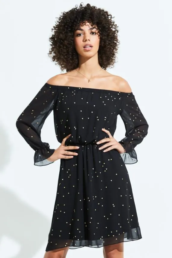 Sosandar Black and Gold Geometric Print Elastic Waist Bardot Dress Black Gold Women Dresses