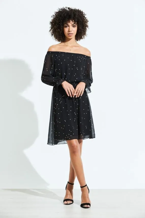 Sosandar Black and Gold Geometric Print Elastic Waist Bardot Dress Black Gold Women Dresses
