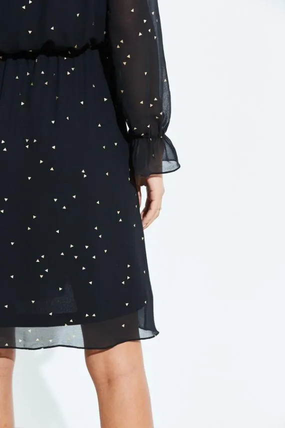 Sosandar Black and Gold Geometric Print Elastic Waist Bardot Dress Black Gold Women Dresses