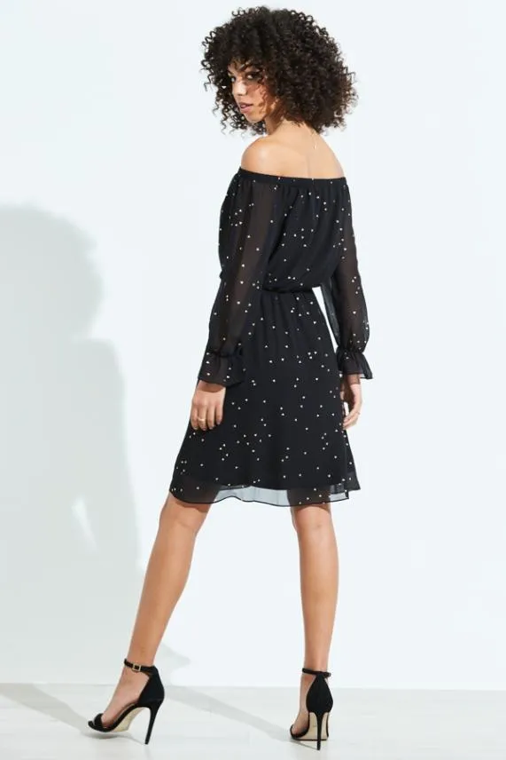 Sosandar Black and Gold Geometric Print Elastic Waist Bardot Dress Black Gold Women Dresses