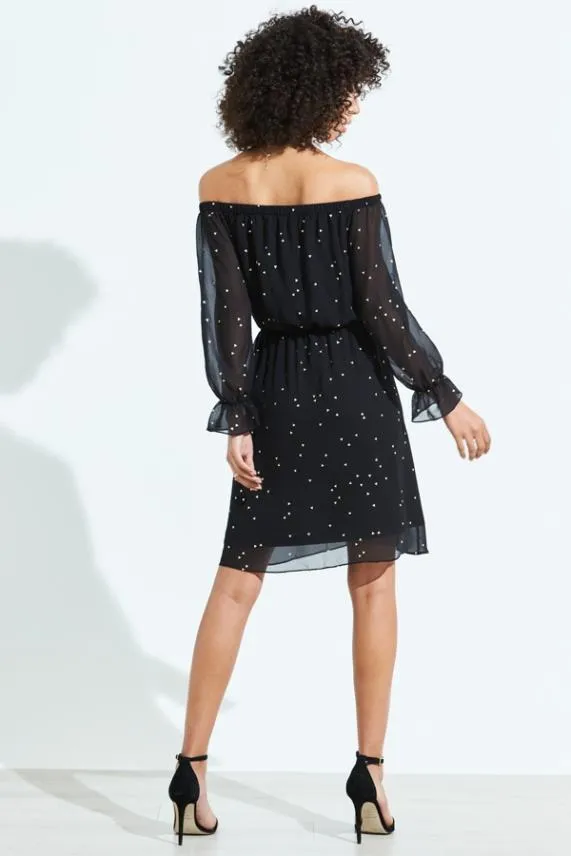 Sosandar Black and Gold Geometric Print Elastic Waist Bardot Dress Black Gold Women Dresses