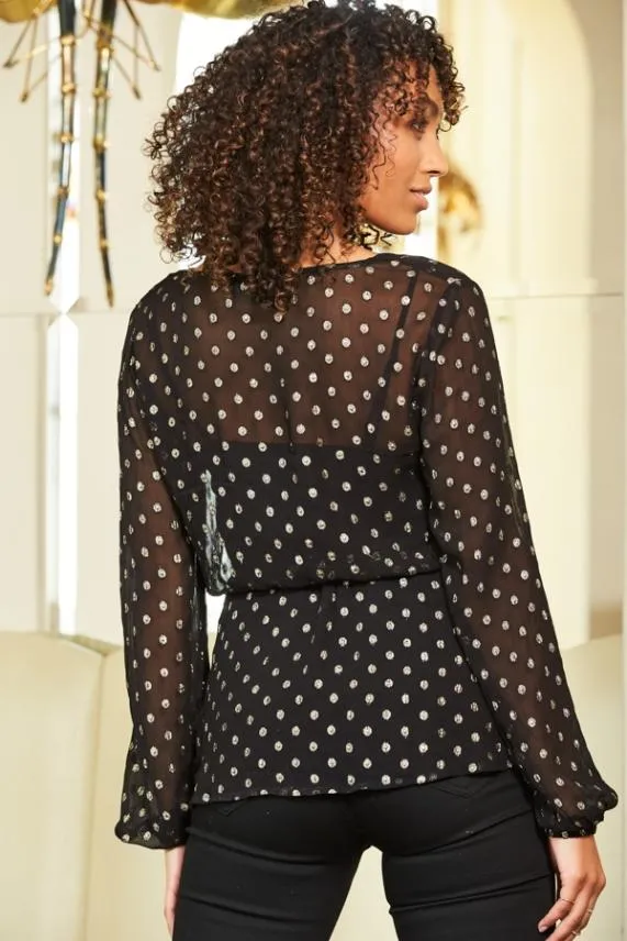 Sosandar Black and Gold Lurex Spot Print Stretch Waist Top Black Gold Women Tops