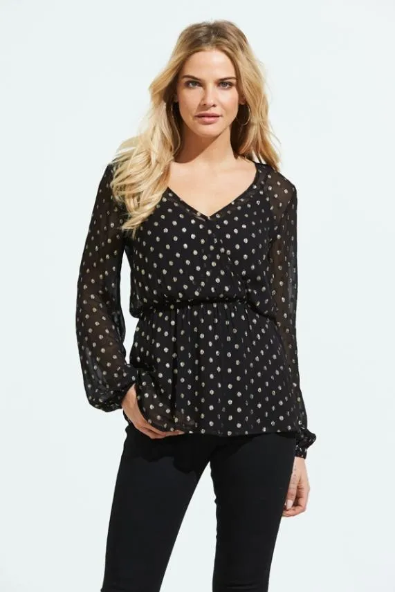 Sosandar Black and Gold Lurex Spot Print Stretch Waist Top Black Gold Women Tops