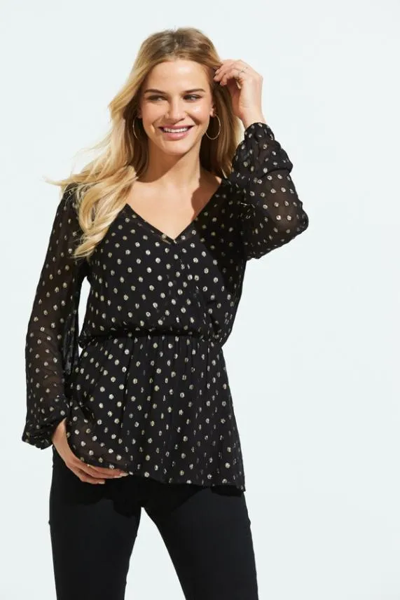 Sosandar Black and Gold Lurex Spot Print Stretch Waist Top Black Gold Women Tops