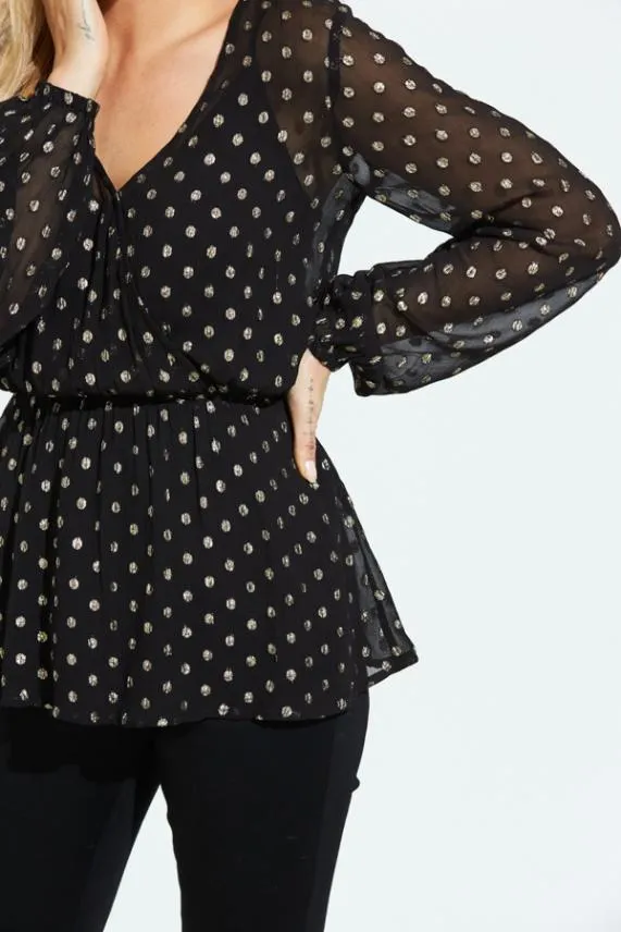 Sosandar Black and Gold Lurex Spot Print Stretch Waist Top Black Gold Women Tops