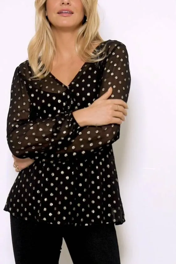 Sosandar Black and Gold Lurex Spot Print Stretch Waist Top Black Gold Women Tops