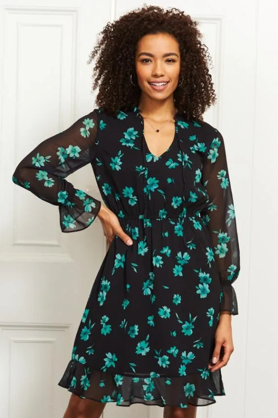 Sosandar Black and Green Floral Print Stretch Waist Dress Black Green Women Dresses Sosandar Black and Green Floral Print Stretch Waist Dress Black Green Women Dresses