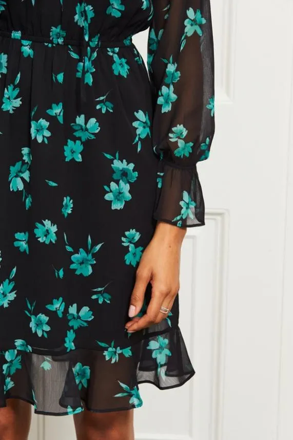 Sosandar Black and Green Floral Print Stretch Waist Dress Black Green Women Dresses