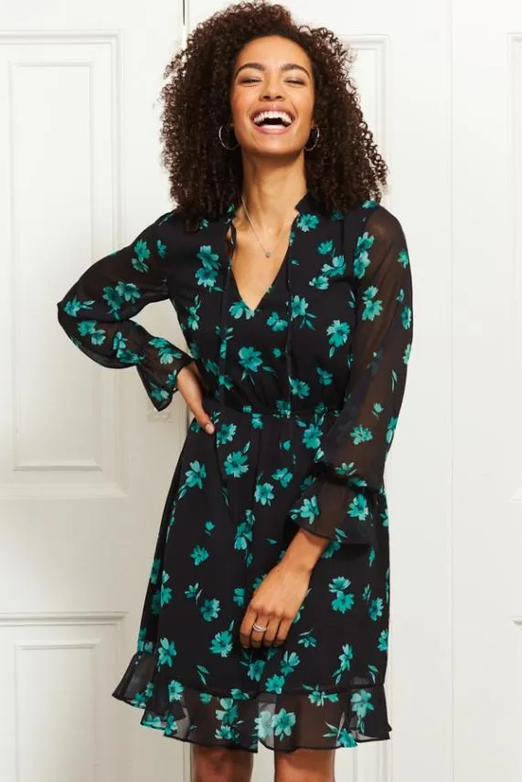 Sosandar Black and Green Floral Print Stretch Waist Dress Black Green Women Dresses