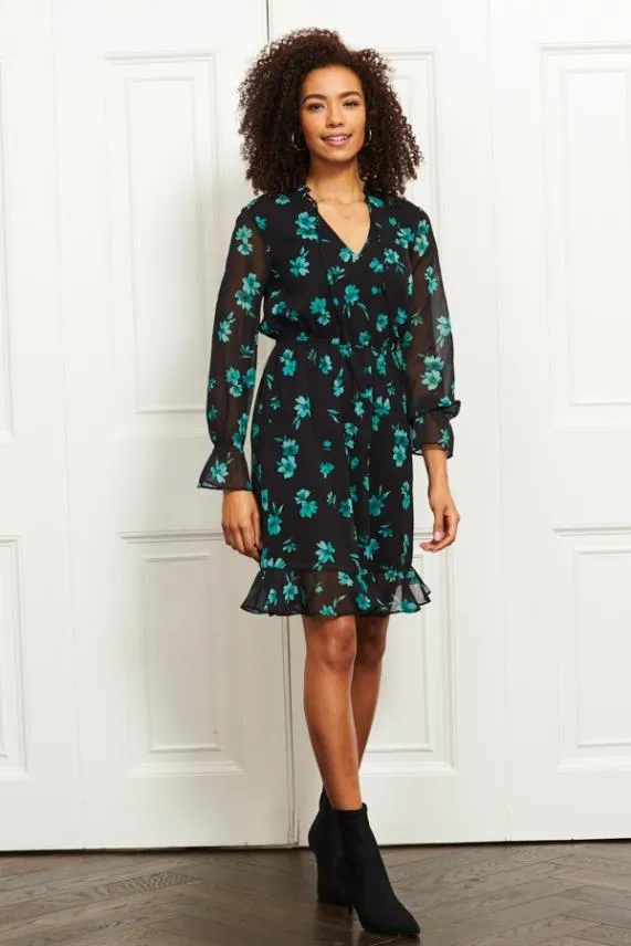 Sosandar Black and Green Floral Print Stretch Waist Dress Black Green Women Dresses