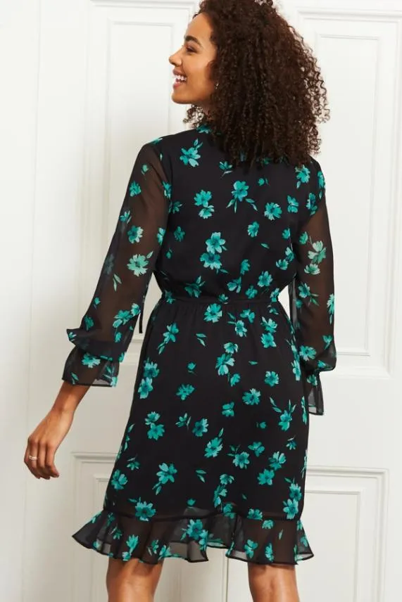 Sosandar Black and Green Floral Print Stretch Waist Dress Black Green Women Dresses