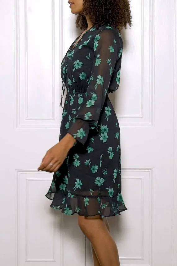 Sosandar Black and Green Floral Print Stretch Waist Dress Black Green Women Dresses