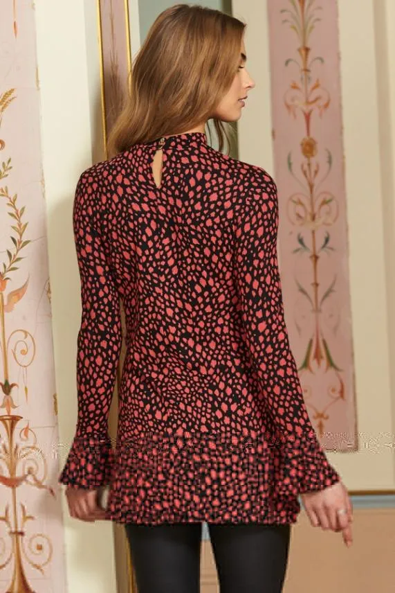 Sosandar Black and Pink Animal Print Keyhole Detail Fluted Cuff Top Black Pink Women Tops