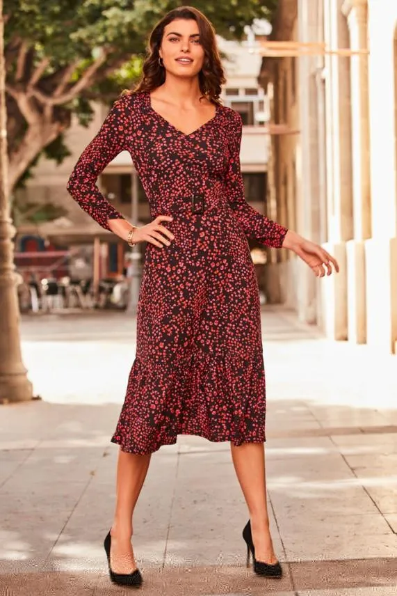 Sosandar Black and Red Abstract Print Belted Jersey Dress Black Red Women Dresses Sosandar Black and Red Abstract Print Belted Jersey Dress Black Red Women Dresses