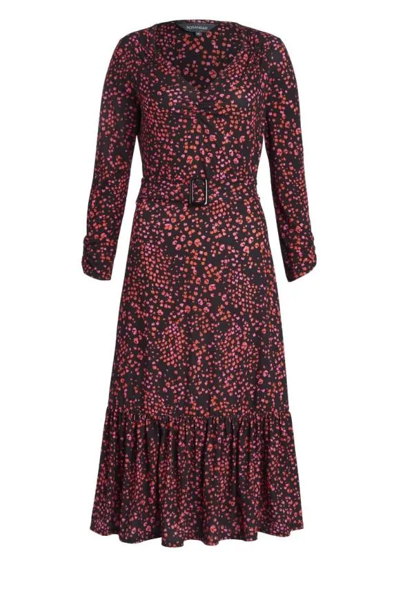 Sosandar Black and Red Abstract Print Belted Jersey Dress Black Red Women Dresses Sosandar Black and Red Abstract Print Belted Jersey Dress Black Red Women Dresses