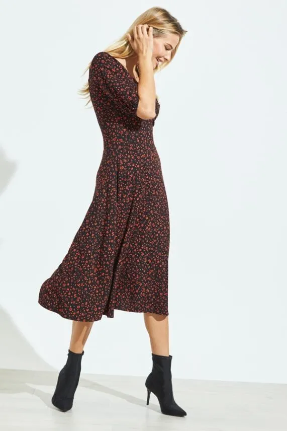 Sosandar Black and Red Ditsy Print Sweetheart Neck Midi Dress Black Red Women Dresses