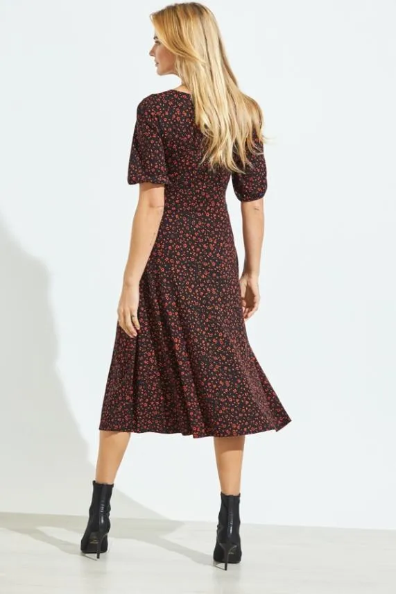 Sosandar Black and Red Ditsy Print Sweetheart Neck Midi Dress Black Red Women Dresses