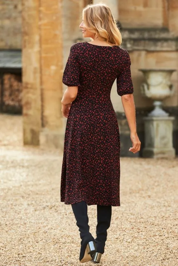Sosandar Black and Red Ditsy Print Sweetheart Neck Midi Dress Black Red Women Dresses