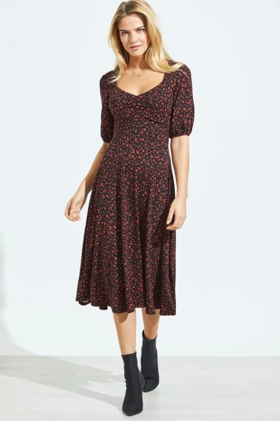 Sosandar Black and Red Ditsy Print Sweetheart Neck Midi Dress Black Red Women Dresses