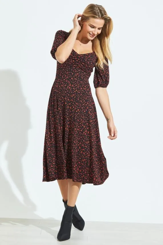 Sosandar Black and Red Ditsy Print Sweetheart Neck Midi Dress Black Red Women Dresses