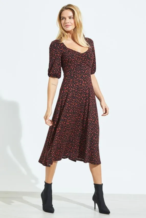 Sosandar Black and Red Ditsy Print Sweetheart Neck Midi Dress Black Red Women Dresses