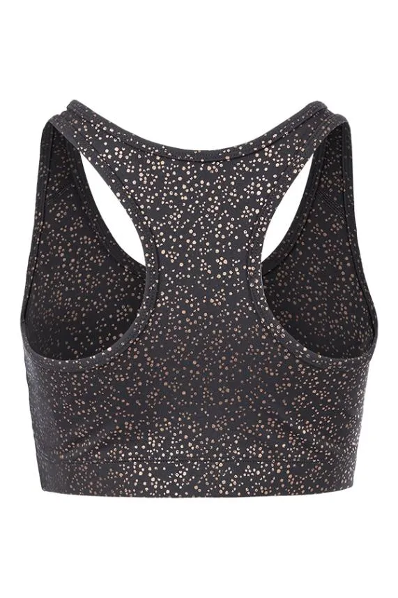 Sosandar Black and Rose Gold Spot Print Racerback Sports Bra Black Rose Gold Women Activewear