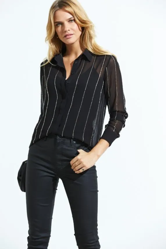 Sosandar Black and Silver Embellished Stripe Shirt Black Silver Women Tops