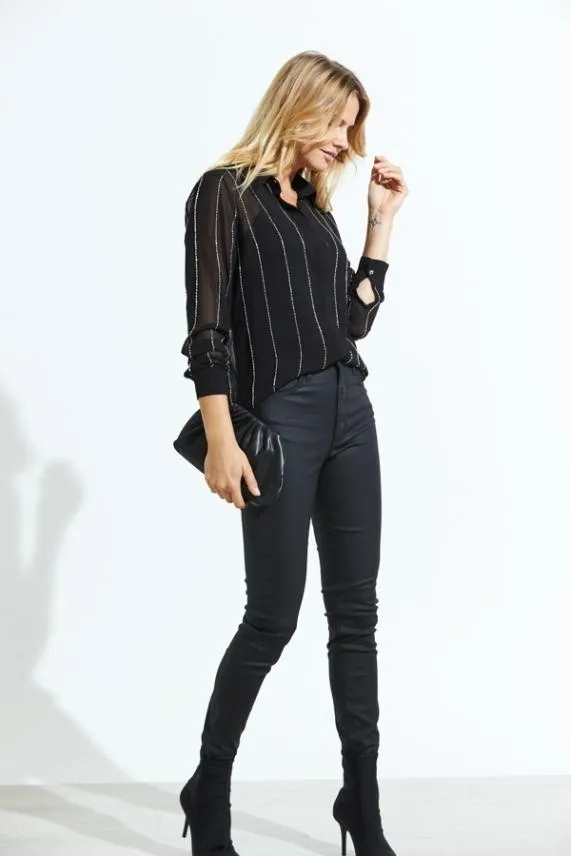 Sosandar Black and Silver Embellished Stripe Shirt Black Silver Women Tops