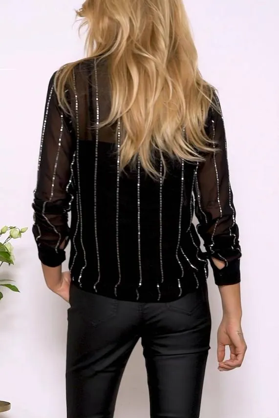 Sosandar Black and Silver Embellished Stripe Shirt Black Silver Women Tops