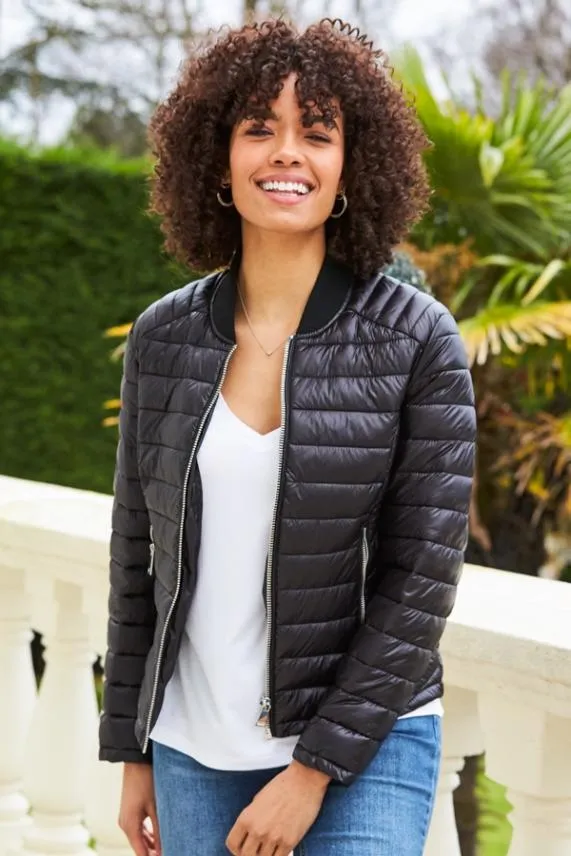 Sosandar Black and Silver Zip Detail Padded Coat With Pockets Black Silver Women Activewear Sosandar Black and Silver Zip Detail Padded Coat With Pockets Black Silver Women Activewear