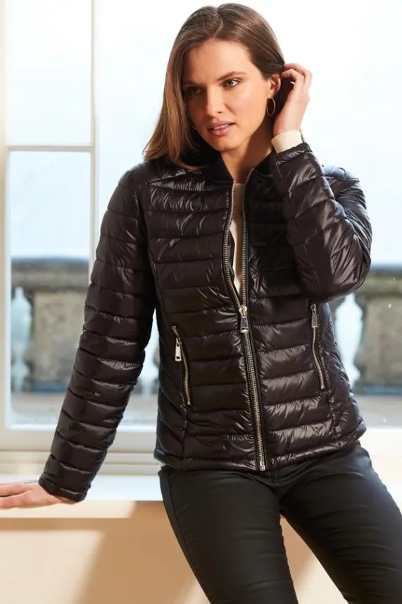Sosandar Black and Silver Zip Detail Padded Coat With Pockets Black Silver Women Activewear