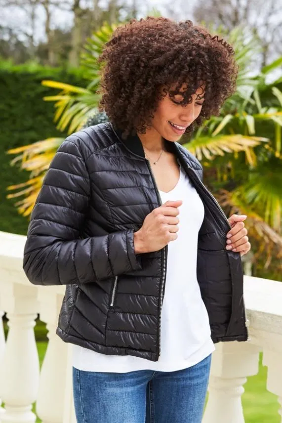 Sosandar Black and Silver Zip Detail Padded Coat With Pockets Black Silver Women Activewear