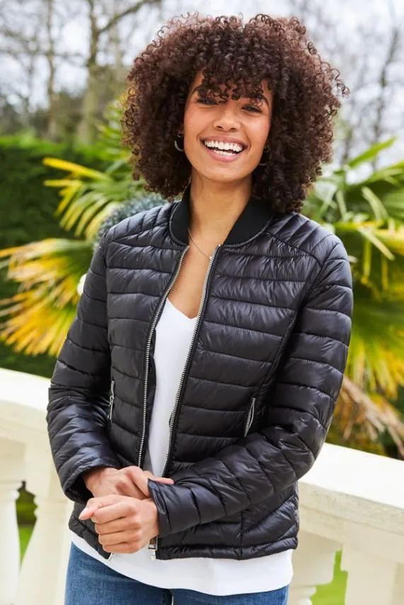 Sosandar Black and Silver Zip Detail Padded Coat With Pockets Black Silver Women Activewear