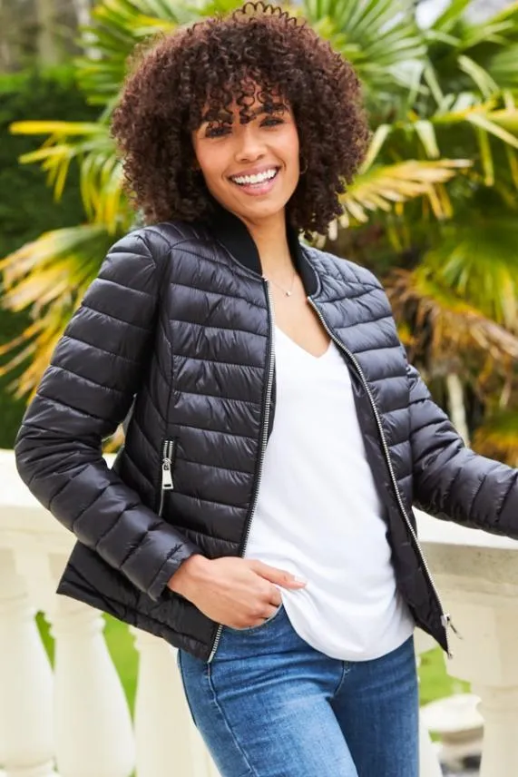 Sosandar Black and Silver Zip Detail Padded Coat With Pockets Black Silver Women Activewear